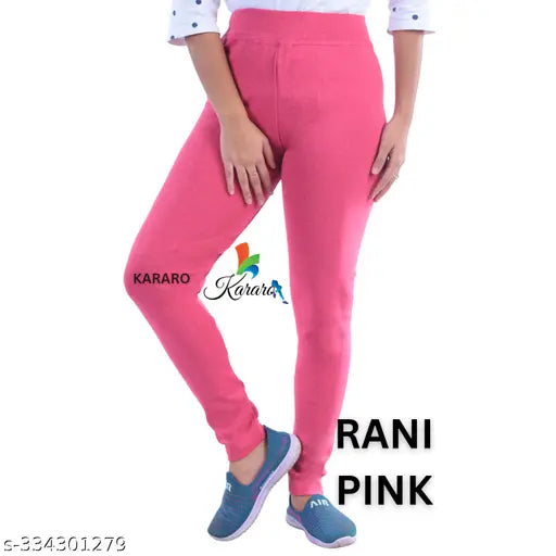 Cotton blend solid-colored women's jeggings, lightweight and trendy. Quality cotton lycra rib OE fabric with hosey cotton waste recycling. Free size available. Made in India