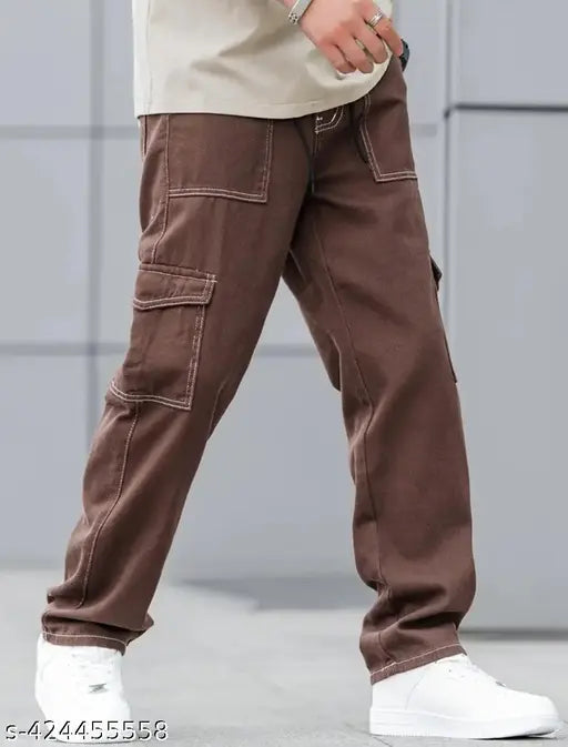 Men's brown cargo pants with pockets and zip fly