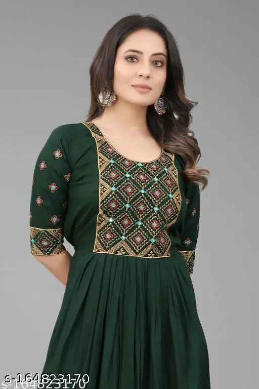 Green rayon embroidered Victoriya Kurta, traditional Indian fashion wear for women