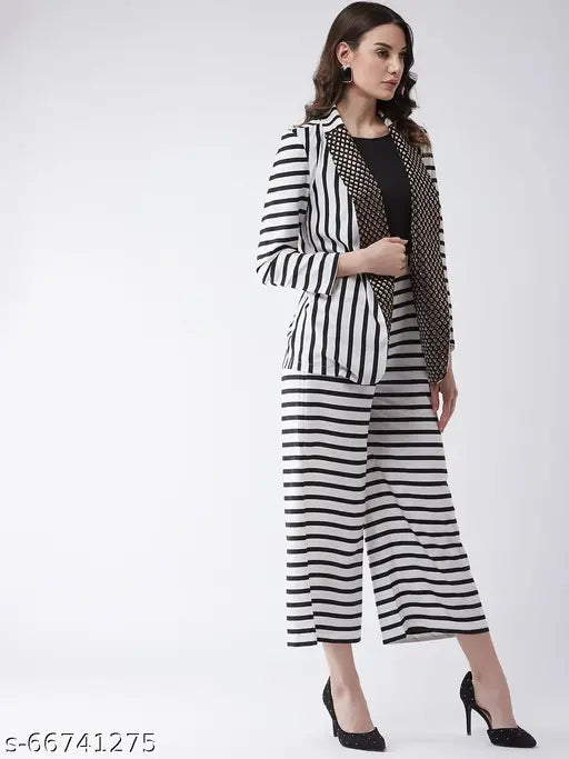 Polyester striped women's jumpsuit with blazer, Indian-made, XS (Bust 32in, Length 50in, Waist 26in), featuring long sleeves and printed net pattern