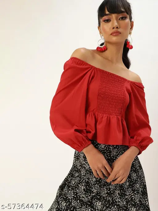 Blazing red polyester solid smocked crop top with long balloon sleeves, India-origin fashion apparel for women