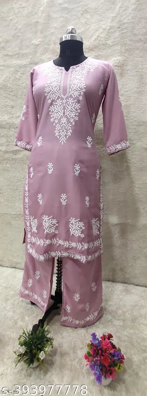 Embroidered rayon Chikankari work kurta and palazzo, three-quarter sleeves, Indian ethnic wear for women, M (Bust Size: 38 in) - 5XL available