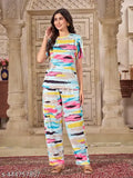 Women's printed polycotton night suit with ankle-length bottoms, side pockets, elasticated sides, and drawstring waist - versatile for sleep, lounging, travel, yoga, gym, outings, or parties - made in India