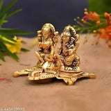 Golden brass Laxmi Ganesh diya set, intricate designs, height 4 inch, classic for rituals & home decor