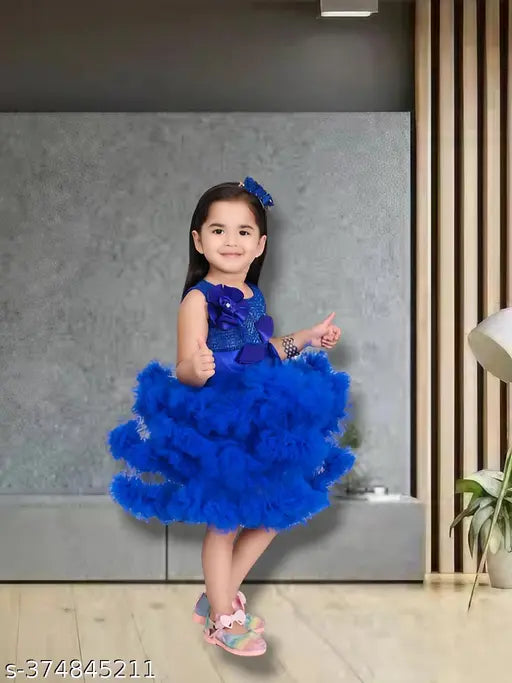 Royal blue net frock for girls with ruffle detailing