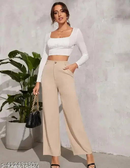 Women's wide-leg beige pants with drawstring waist, slim fit, visible stitching
