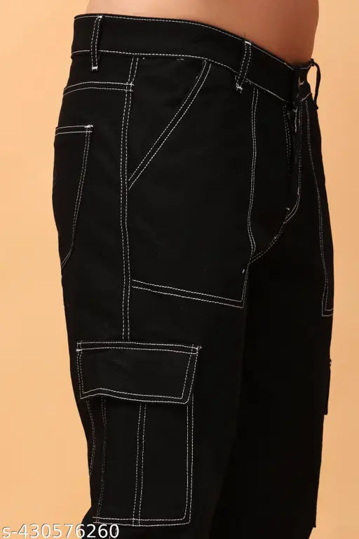 Black cotton blend regular fit mid rise 6 pocket jeans with cargo pockets, ideal for work and casual wear