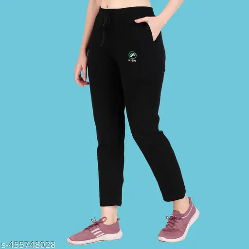 Trendy women's track pants, black with white logo on waistband