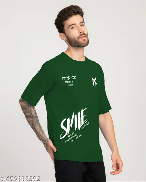 Green polyester three-quarter sleeve Stylogue men's printed round neck T-shirt, soft & breathable fabric for casual wear