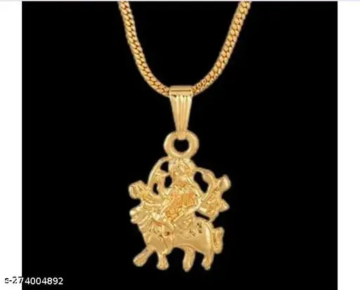 Silver-plated brass God Idol necklace featuring Maa Durga Sherawali MATA Rani, studded with Austrian Diamond and Deep red AD stone. Showcases Mata riding a tiger, with eight hands and weapons. Perfect spiritual jewelry for both men and women, suitable for gifting on various occasions such as festivals or Valentine's Day. Made in India
