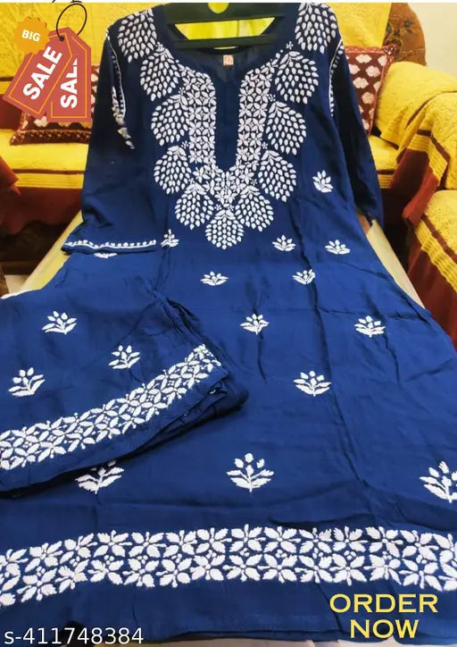 Embroidered rayon kurta and palazzo set, Chikankari design, three-quarter sleeves, Indian ethnic wear on model