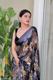 Multicolor chiffon Sattin Patta saree with unstitched blouse, trendy Indian ethnic wear, free size