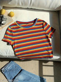 Stripe print lycra crop short sleeve T-shirt for spring-summer, versatile and comfortable women's clothing