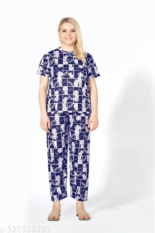 Women's printed night suit set - comfortable polyester pyjama & t-shirt for women and girls, featuring short sleeves and elastic waistband in a fun print design. Made in India