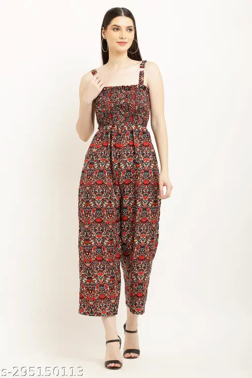 Black printed crepe Western-style jumpsuit for ladies (S, M, L). Luxurious partywear fashion piece with short sleeves and intricate print