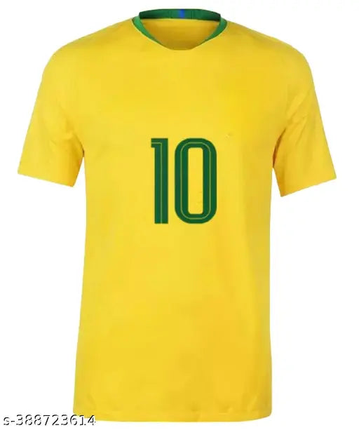 Brazil yellow Neymar 10 jersey, football t-shirt with World Cup 2022 print on polyester fabric, close-up view