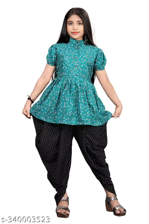 Girls Festive Printed Party Kurta & Dhoti Pant Set, crepe fabric, calf length anarkali with short sleeves, 6-12 years sizes available, Indian origin