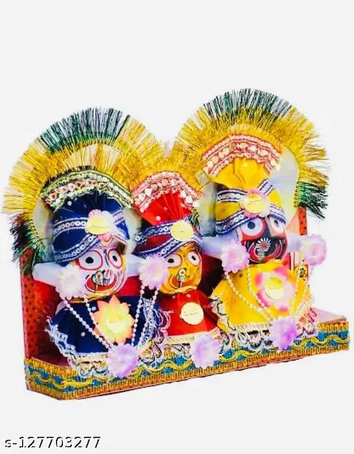 Hand-crafted ceramic idols of Jagannath, Balabhadra, and Devi Subhadra, Indian artifact showpiece for home decoration (26cm L x 10cm H)