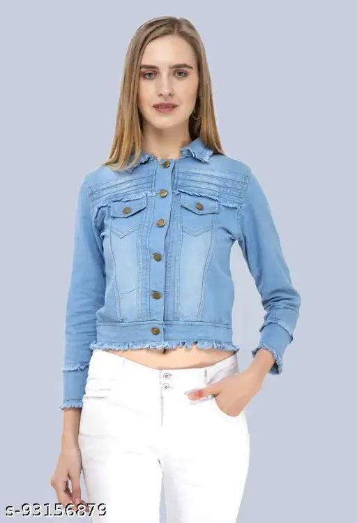 Women's solid denim full sleeve jacket, long sleeves, trendy and comfortable, quality denim fabric, suitable for all seasons and occasions, made in India