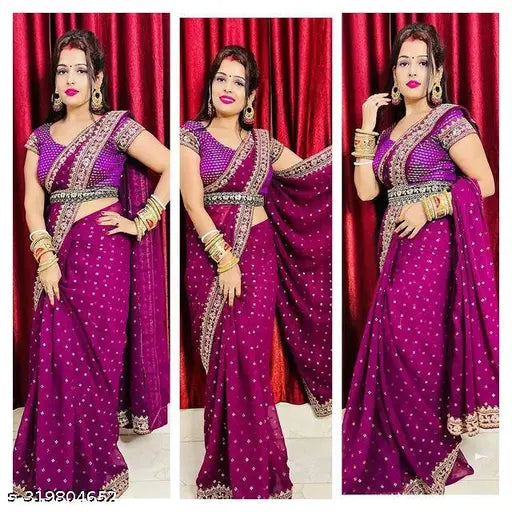 Purple cotton saree with floral embroidery, embellished borders, suitable for festivals or formal wear