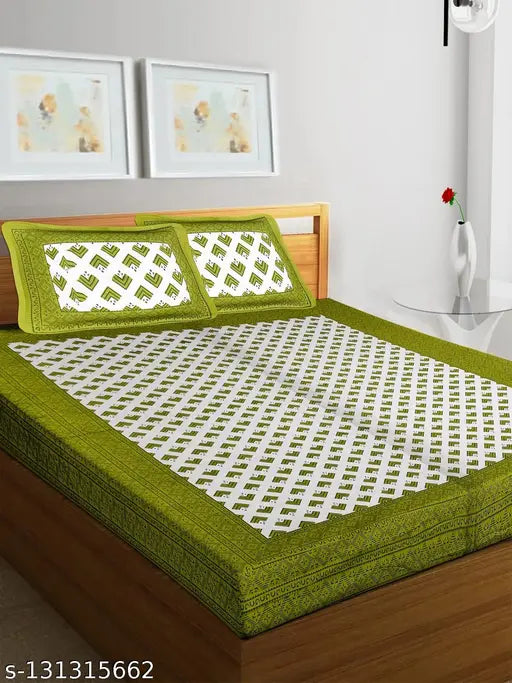 Fine geometric-patterned cotton double queen Jaipuri bedsheet set with 4 pillow covers - ideal for summer, Indian-origin