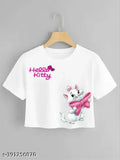 White polyester Hello Kitty crop top for girls, printed net pattern on short sleeves