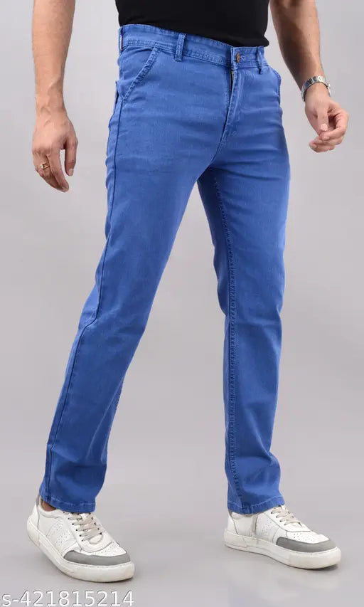 Mens unique denim skyblue stretchable jeans, solid pattern, versatile for casual and semi-formal settings. Size 42, 44, 46, 48, 50 (Waist 42-50, Hip 47-55, Length 41in). Made in India