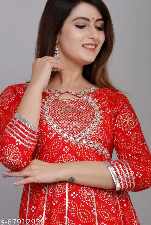 Red embroidered rayon anarkali kurti with three-quarter sleeves and printed combo, women's traditional wear for parties or casual events