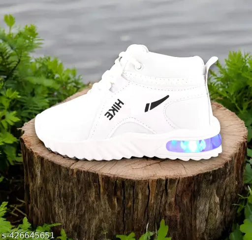 White children's sports sneakers with Velcro straps, light-up LED design
