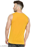 Mustard cotton blend sleeveless T-shirt for men, India-made, eye-catching print on round neck design