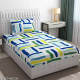White glace cotton geometric striped single bed sheet with pillow cover, perfect for summer. Soft, breathable, and wrinkle-free. Ideal for adult bedroom decor. Made by Kavya Handloom in India