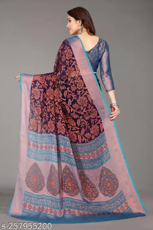 Indian Brasso Chiffon printed saree with running blouse, free size, 5.5m length