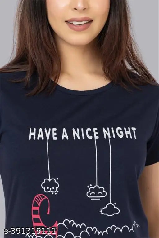 Navy cotton night suit with beautiful print, premium quality for women, available in multiple sizes (L-5XL)