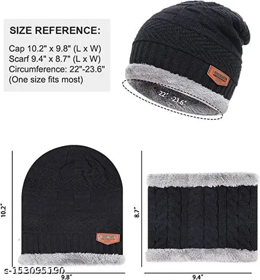 Size reference 10"x9.5" inside cap, black woolen beanie with fur trim, neck muffler, scarf, winter wear