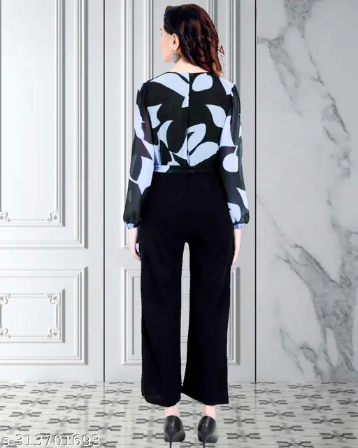 Multicolor georgette long-sleeve floral print jumpsuit for women, size M