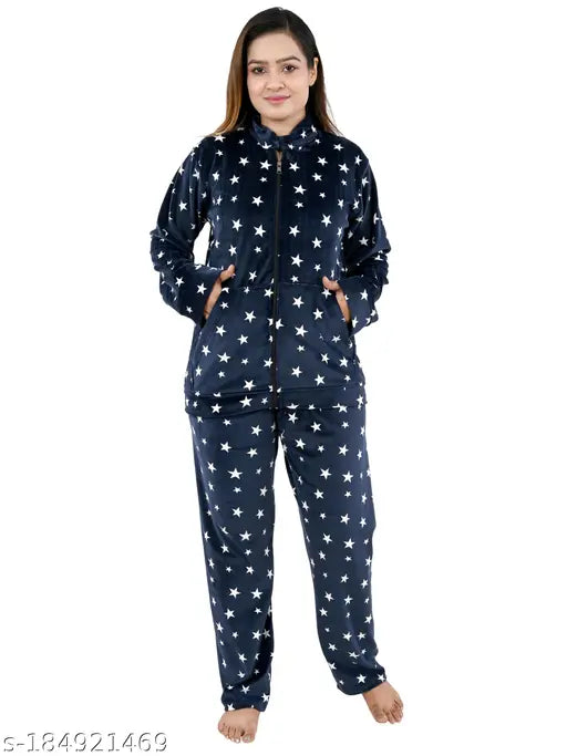 Navy Blue Velvet Womens Pajama Set, floral design, premium quality velvet. Hand wash only, long-lasting