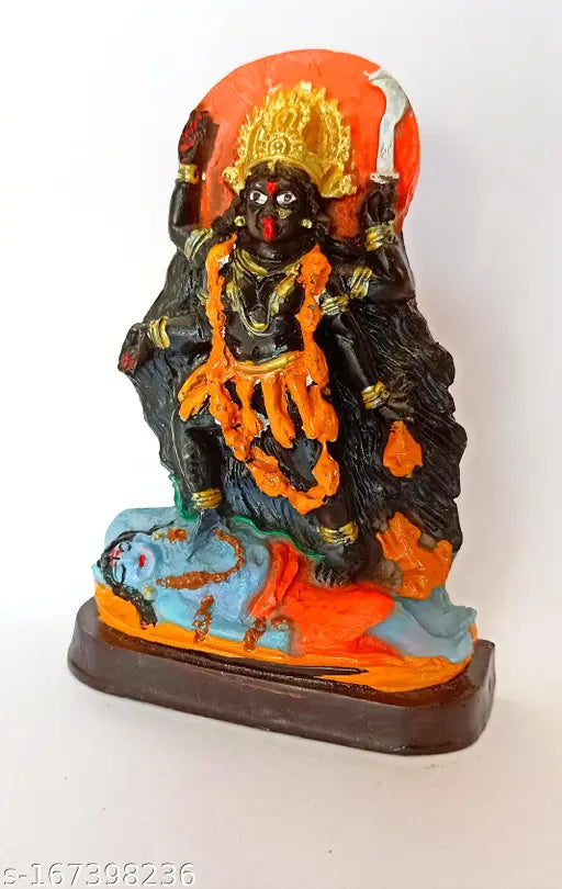 Black idol of Goddess Kali, gold accents. Murti statue for home or car decor. Ajmer Toys and Gift Point exclusive, 13103 cm size