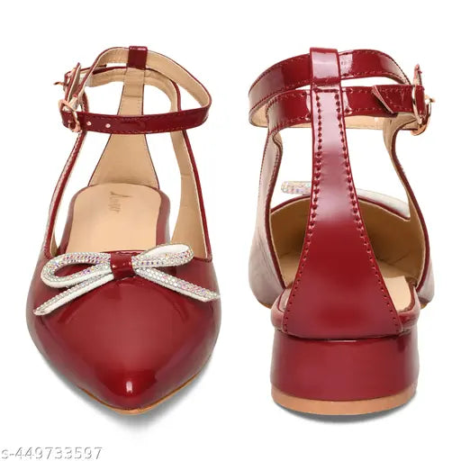 Maroon bow cherry pointed toe high heels for girls, fashionable birthday heel, comfortable heel with Durga Puja and Navratri theme, suitable for Diwali shopping in India and Europe