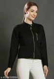 Black woolen double chain jacket for women - Solid design, long sleeves, perfect winter wear (India)