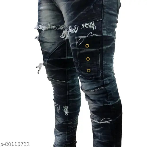 Mens stylish cotton blend jeans, solid net, comfortable everyday wear