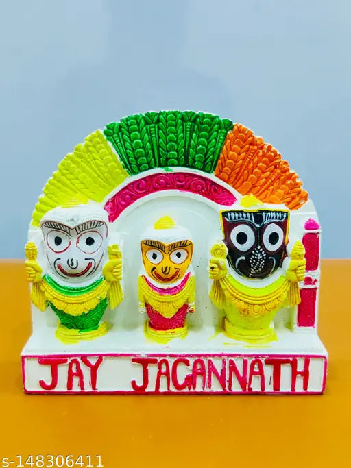 Marble handicraft idol set: Jagannath, Balabhadra, and Devi Shubhadra, Indian artifact for decoration, car dashboard, or home puja room, 12.5cm L x 12cm H x 0.5cm B