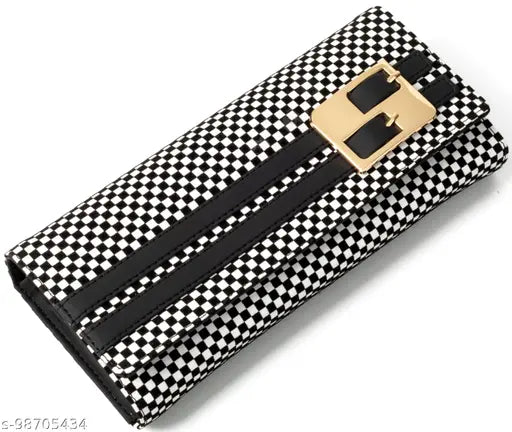 Black and white checkered pattern hand clutch purse with multiple card slots, zip closure