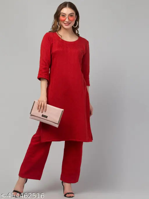 Wool winter kurti set with palazzos, embroidered round neck design in rainbow colors for women (Size: S-XXL)