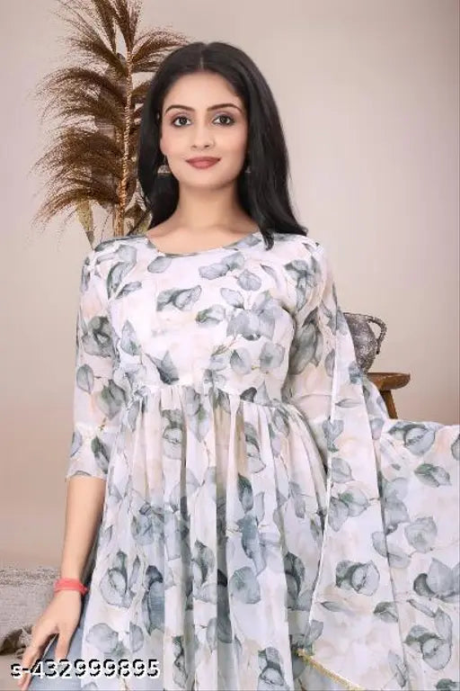 Trendy Georgette Anarkali Gown, printed combo with four-side lace, S (36 in bust), M, L, XL, XXL - Indian designer partywear for women