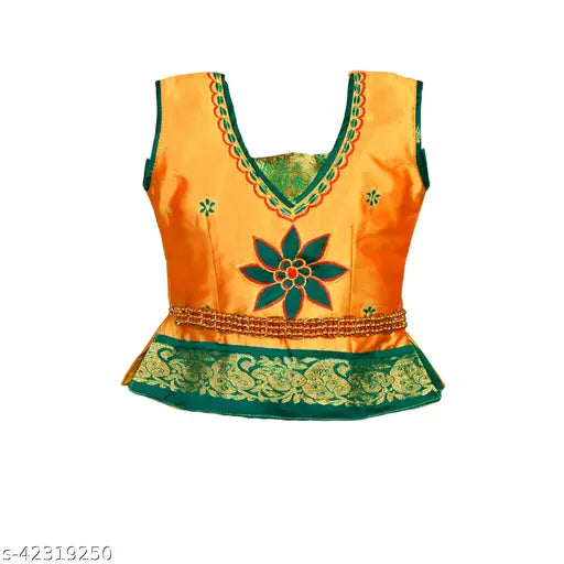 Art Silk girls' Readymade ORIGINAL SENBAGA PATTU PAVADAI Lehenga Choli with waist belt, showcasing intricate embroidery and polka design. Available in various sizes from 0-3 Months to 7-8 Years. Made in India