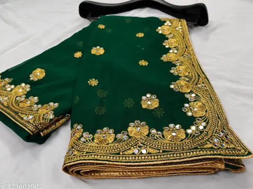 Green saree with gold embroidery and trim, full-mirror handiwork