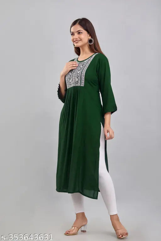 Dark green rayon embroidered kurti, ideal for casual and office wear. Perfect fit for L, XL, XXL women