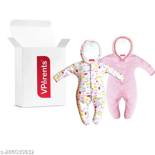 The image shows a box with two baby footies and a product card in front, indicating these are children's full-sleeve hooded rompers. The rompers appear striped with light pink and possibly grey or white stripes