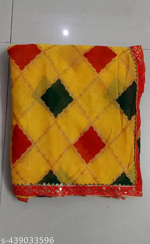 Georgette saree in yellow, with a peacock feather check print