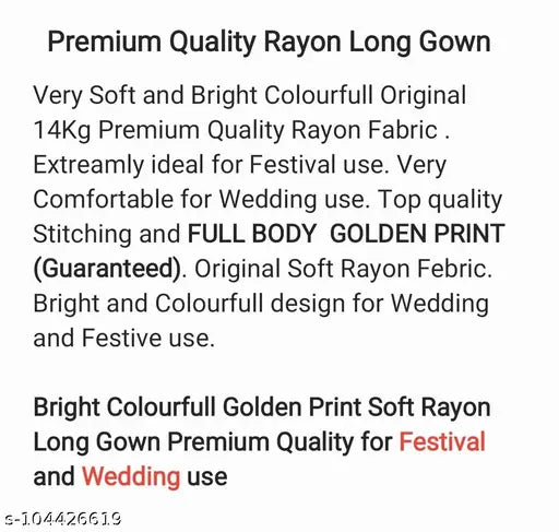 A bright colourful long gown with a golden print on soft rayon fabric, perfect for festivals and weddings